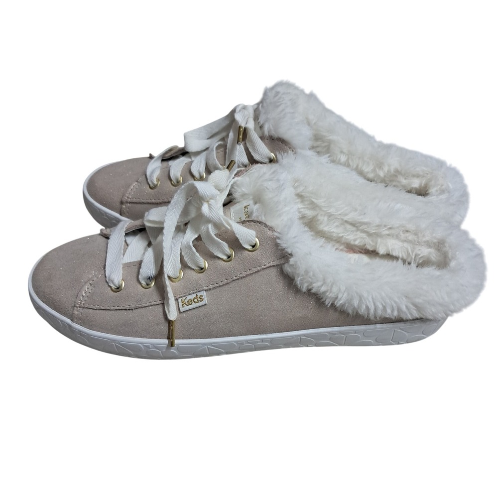 Kate Spade Keds Shoes Womens 8 Rose Gold Glitter Kickstart Mule Faux Fur Sneaker
